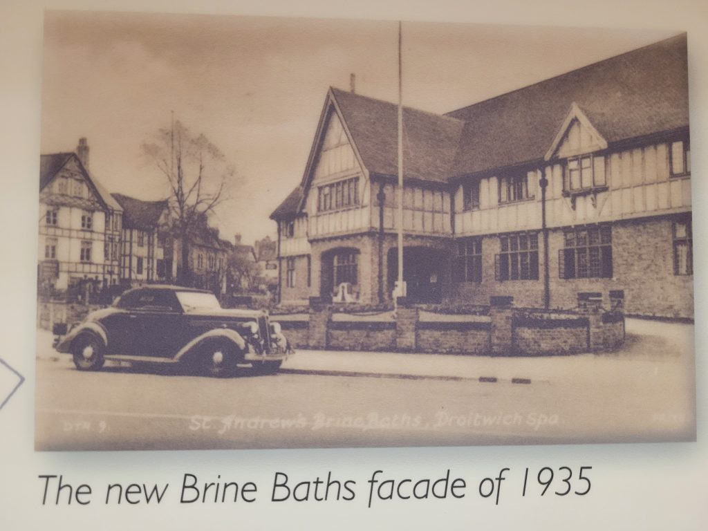 A sepia-coloured historic image of the building that used to host the former Brine Baths in 1935.