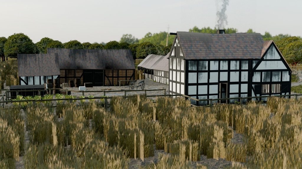 A virtual mock-up of Willow Court in its former glory. The image shows a black and white timber frame building surrounded by farm land.